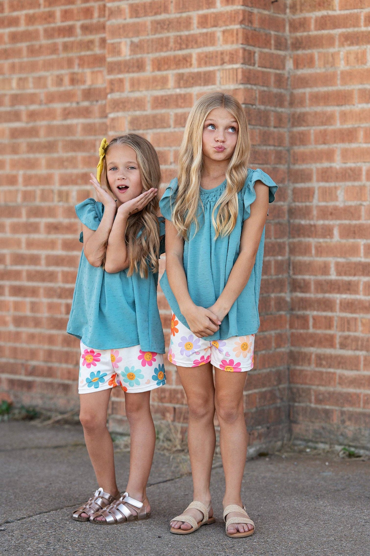 Girls Happy Flower Short Set, colorful floral design; available in sizes 2T-8.