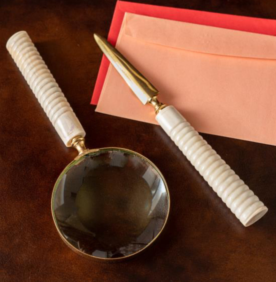 White Horn Magnifying Glass and Letter Opener with intricate white handles. Available sizes: One Size.