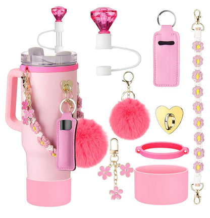 Stanley Pink Accessory Kit: pink tumbler (20/30/40oz), strap, keychains, charms, sleeve, straw toppers, cup decorations.