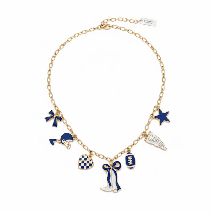 Game Day Necklaces feature a gold chain with blue and white football-themed charms: football, megaphone, star, pennant, and boots. Available in multiple sizes.