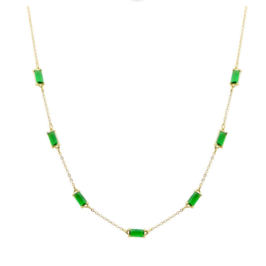 Delicate gold necklace with seven rectangular emerald stones, evenly spaced. Sizes available: 16", 18", and 20".