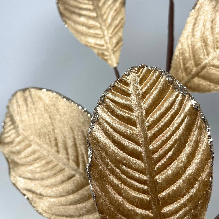 Velvet Magnolia Leaf with sequins, chestnut color, 26″ size, embroidered veins, glitter-edged gold leaves.