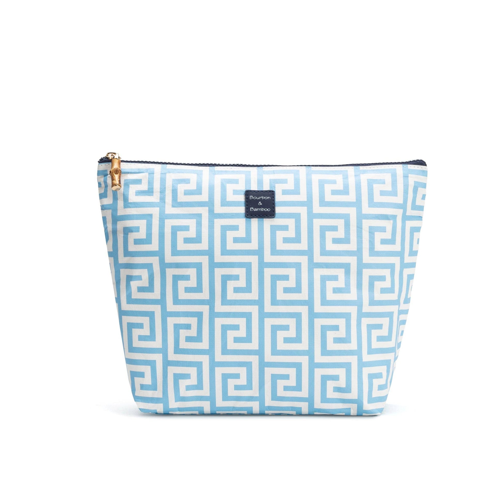 Large splash-proof makeup bag with blue and white Greek key pattern, black front label; available in large size.