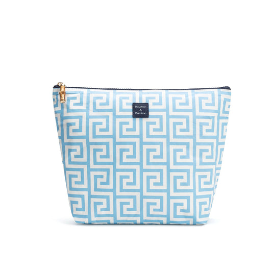 Large splash-proof makeup bag with blue and white Greek key pattern, black front label; available in large size.