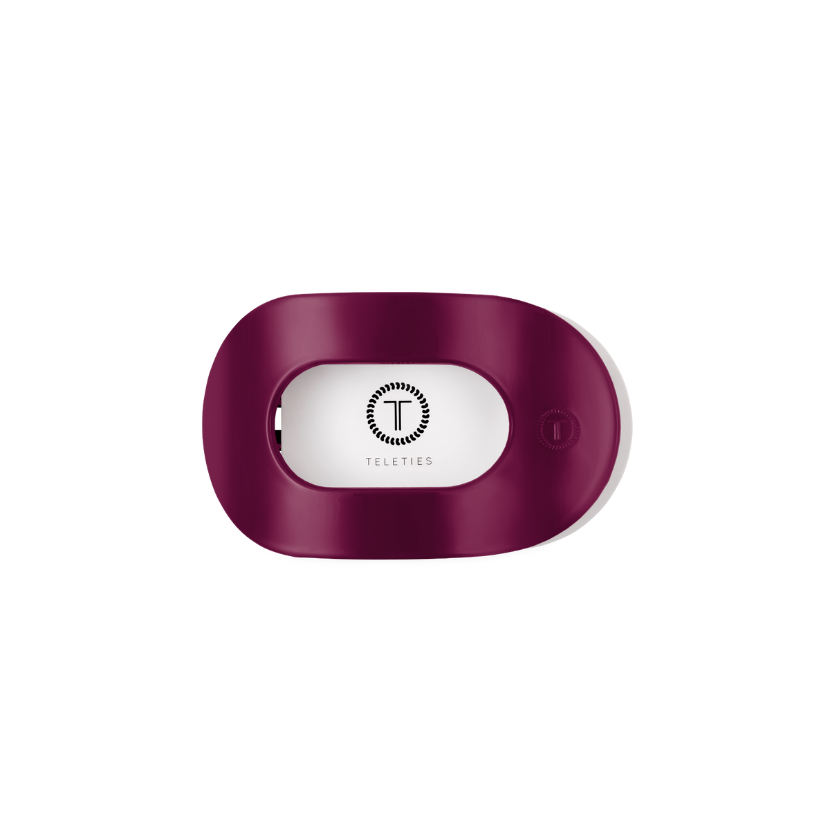 Maroon, oval-shaped plastic hair tie holder with open slot and TELETIES logo in black; available in multiple sizes.