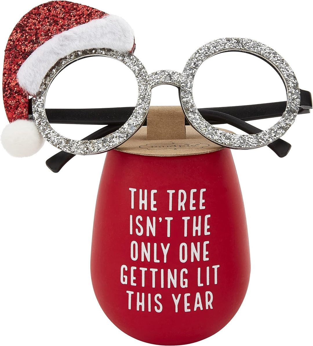 Red silicone Christmas wine glass with white text “The tree isn’t the only one getting lit this year” and a 2-piece set of glittery party sunglasses with miniature Santa hats.