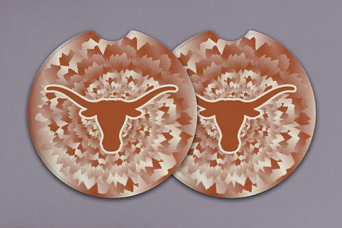 Set of two absorbent burnt orange and white tie dye car coasters with a white longhorn steer head silhouette in the center. Available in standard car coaster size.