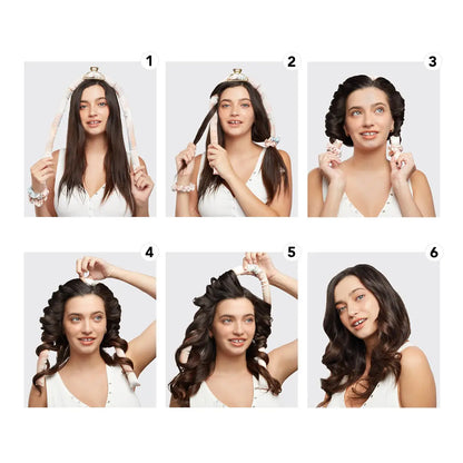 Six-step tutorial showing Satin Heatless Curling Set - Sunset Tie Dye (sizes S/M/L) used for loose, frizz-free curls without heat.