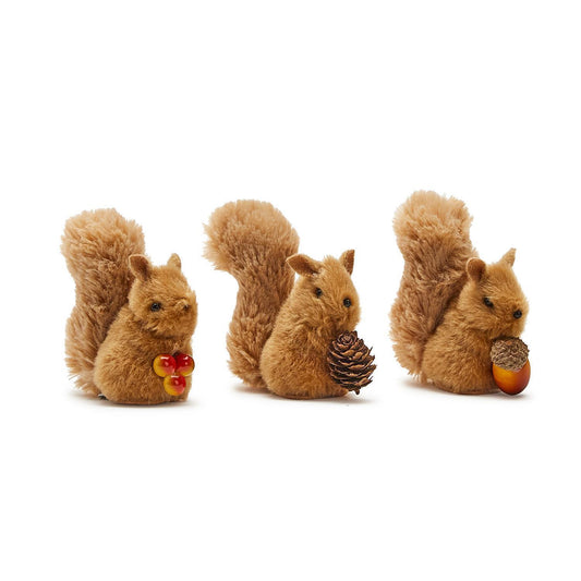 Three Festive Friends Squirrel Clip-on Ornaments with fluffy tails; sizes: 4", set includes red berries, pinecone, acorn.