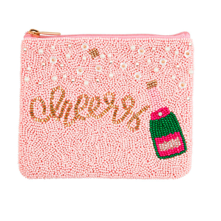 Holiday Beaded Case, a pink beaded zipper pouch with “cheers” and a champagne bottle.