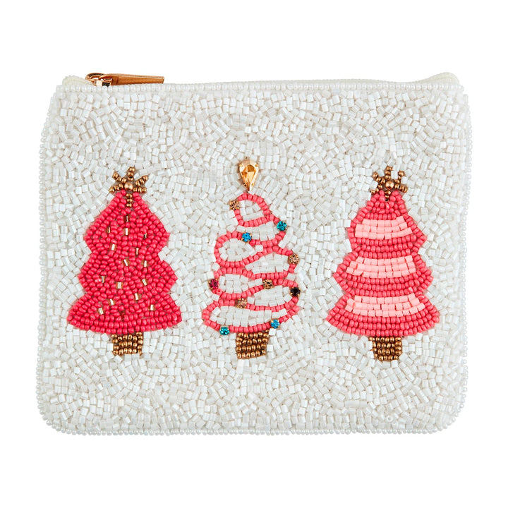 Holiday Beaded Case featuring three stylized Christmas trees in pink and red beads.