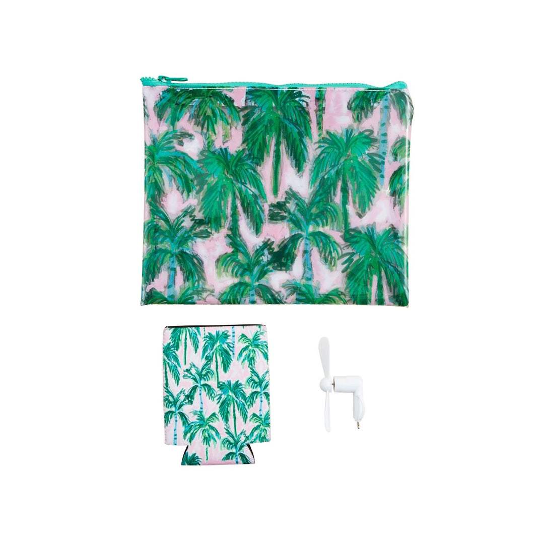 Beach Pouch Set: palm tree print vinyl zipper case, neoprene can cooler, white two-blade smartphone fan. Sizes: One size each.