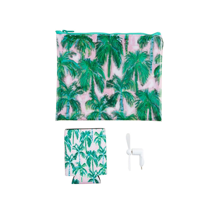 Beach Pouch Set: palm tree print vinyl zipper case, neoprene can cooler, white two-blade smartphone fan. Sizes: One size each.