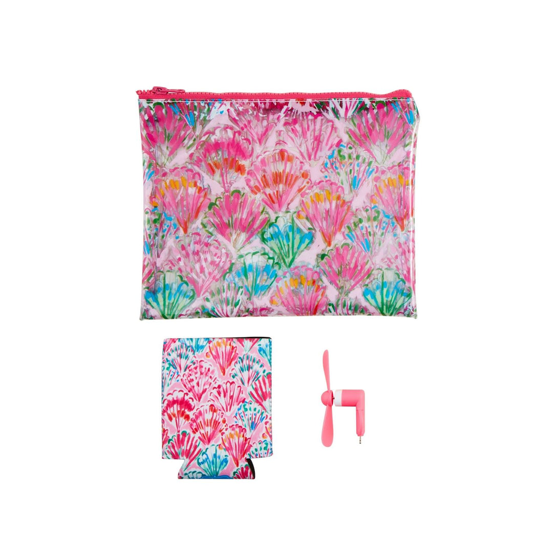 Vibrant vinyl zipper pouch with pink floral design. Sizes available: small, medium, large.