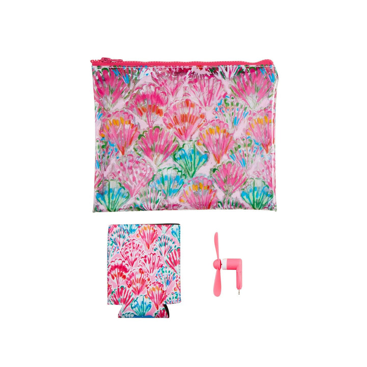 Vibrant vinyl zipper pouch with pink floral design. Sizes available: small, medium, large.