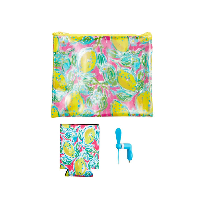 Beach Pouch Set: lemon-patterned vinyl zipper case, matching can cooler, blue USB handheld fan. Sizes available.