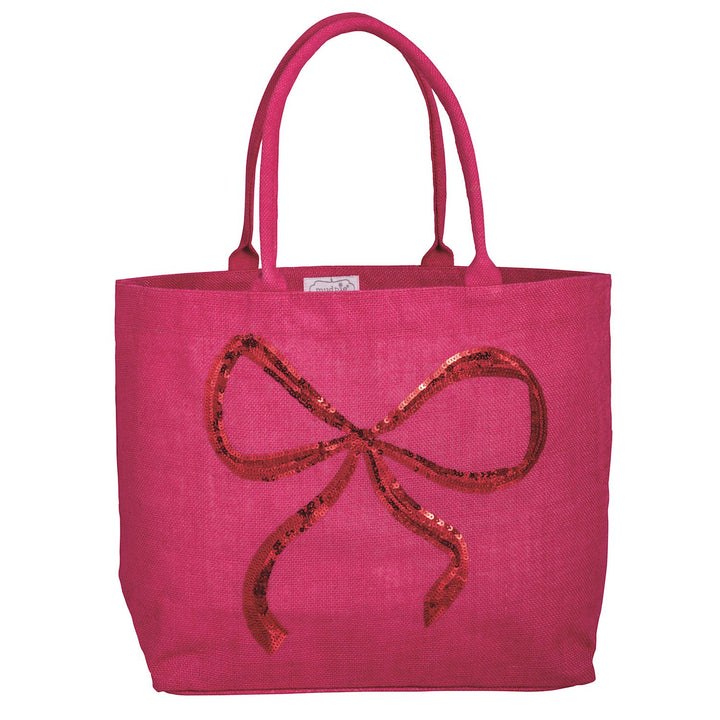Fuchsia Holiday Sparkle Totes with red sequined bow and wipe-clean interior. Available in multiple sizes.