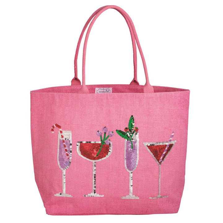 Pink Holiday Sparkle Tote featuring sequined cocktail glass illustrations and a wipe-clean interior.