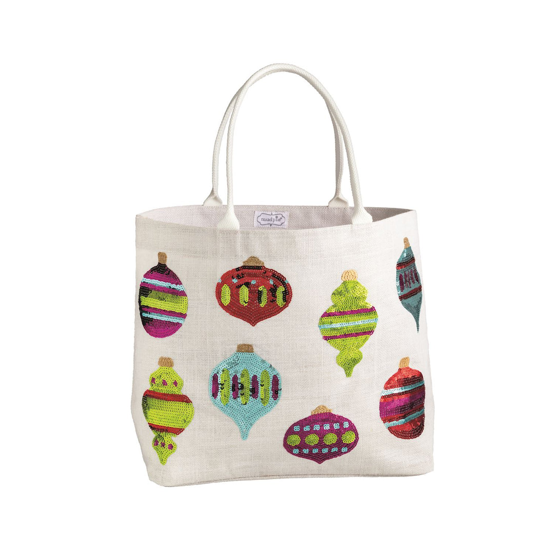 Holiday Sparkle Tote with sequined Christmas ornament pattern, two straps, and wipe-clean interior.