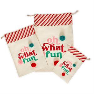 Three Holiday Reusable Gift Bags in small, medium, and large sizes with red and white striped tops, “oh what fun” text, and pom-poms.
