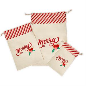 Three holiday reusable gift bags in small, medium, and large, featuring off-white fabric with red “merry” text, a holly sprig, and red-and-white striped trim.