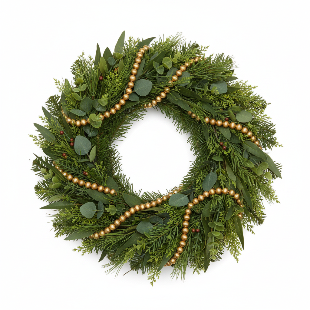 Holiday wreath of evergreen needles and eucalyptus with Handmade Embossed Metal Ornament Garland, red berries, and gold beads.