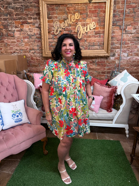 Floral Print Pleated Ruffle Trim Dress