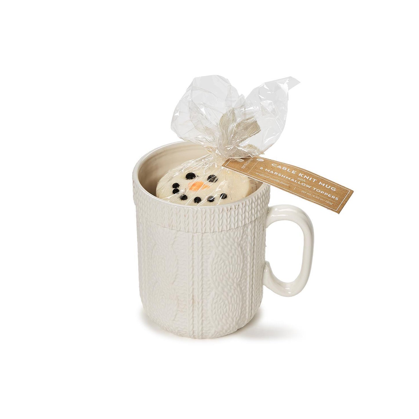 The Cable Knit Pattern Mug with Snowman Marshmallow Toppers is a white mug with a cable knit design. It includes snowman-shaped marshmallow toppers. No sizes are specified.