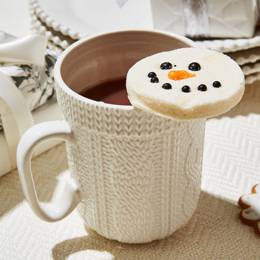 White Cable Knit Pattern Mug with Snowman Marshmallow Toppers. Sizes: One size only.