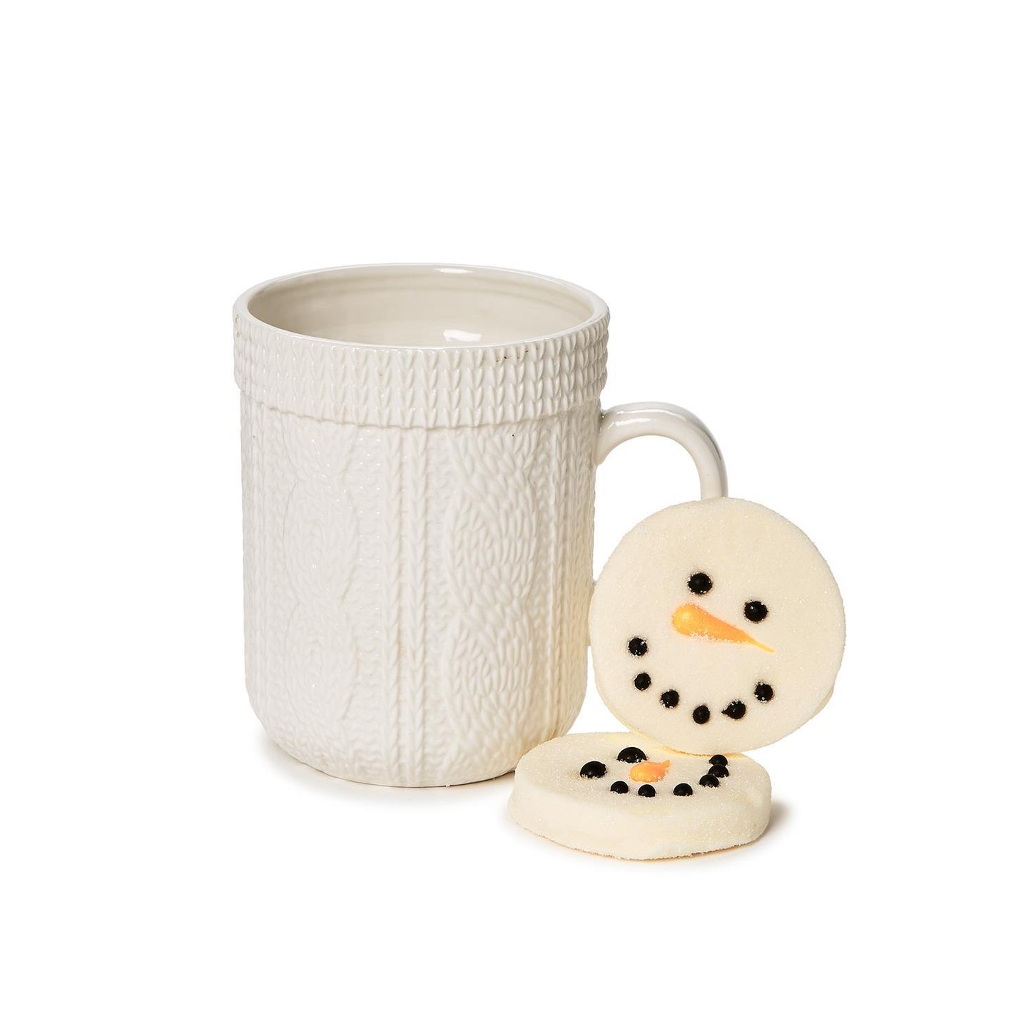 Cable Knit Pattern Mug: Available size - standard. Snowman Marshmallow Toppers included.