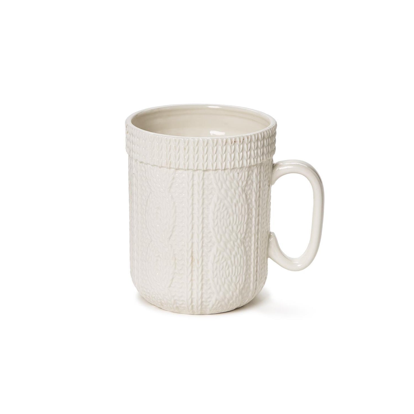 Cable Knit Pattern Mug: White ceramic mug with sweater-like texture, wide handle, glossy interior. Sizes: 12 oz.