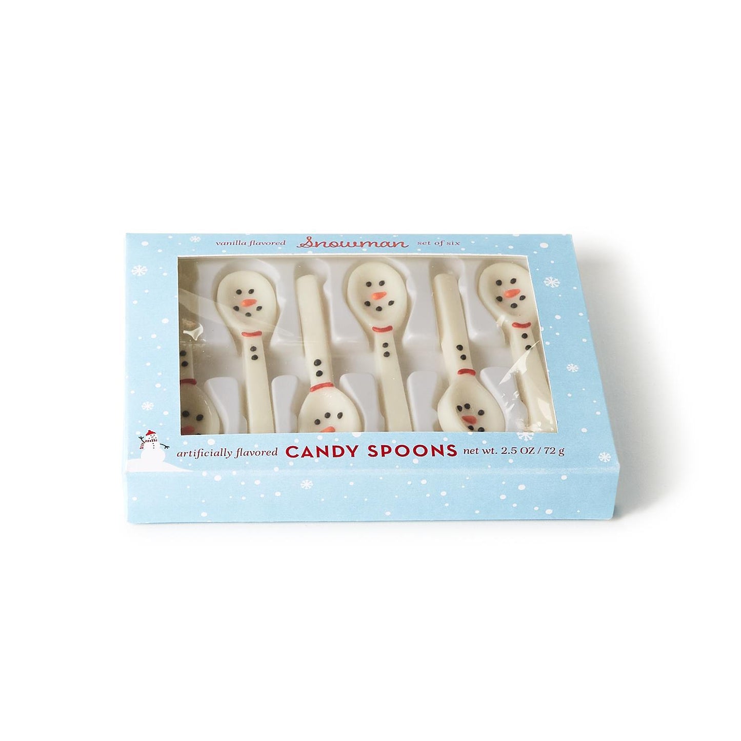 Set of 6 vanilla-flavored edible candy spoons with snowman design, in a snowflake-decorated gift box. Available size: one standard size for each spoon.