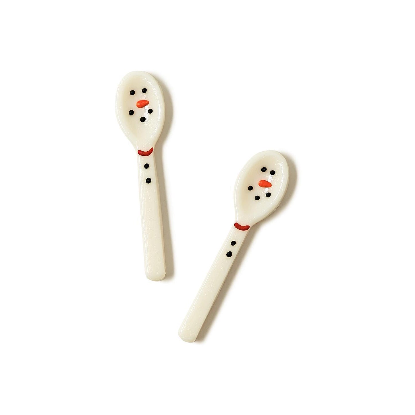 Set of 6 vanilla-flavored candy spoons with snowman face designs, including black eyes, red-orange carrot-like nose, and button-like dots.