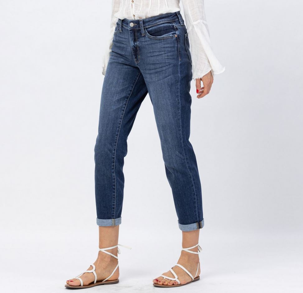 Judy Blue Midrise Cuffed Boyfriend Jeans - Sizes: 0, 1, 3, 5, 7, 9, 11, 13. White strappy sandals.