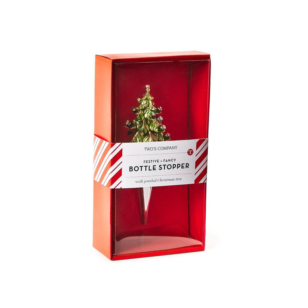 Jeweled Christmas Tree Bottle Stopper in a red gift box.