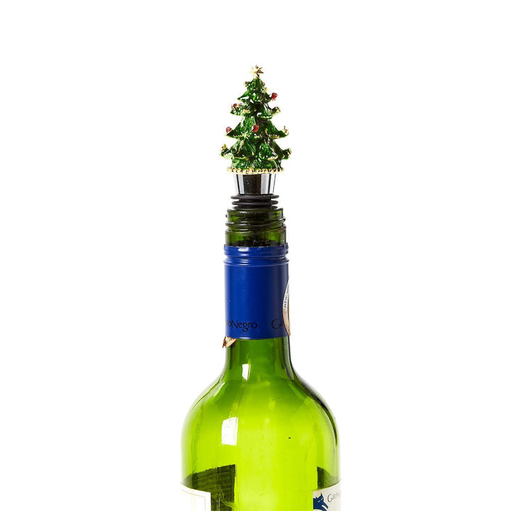 Jeweled Christmas Tree bottle stopper with red gems in a gift box.