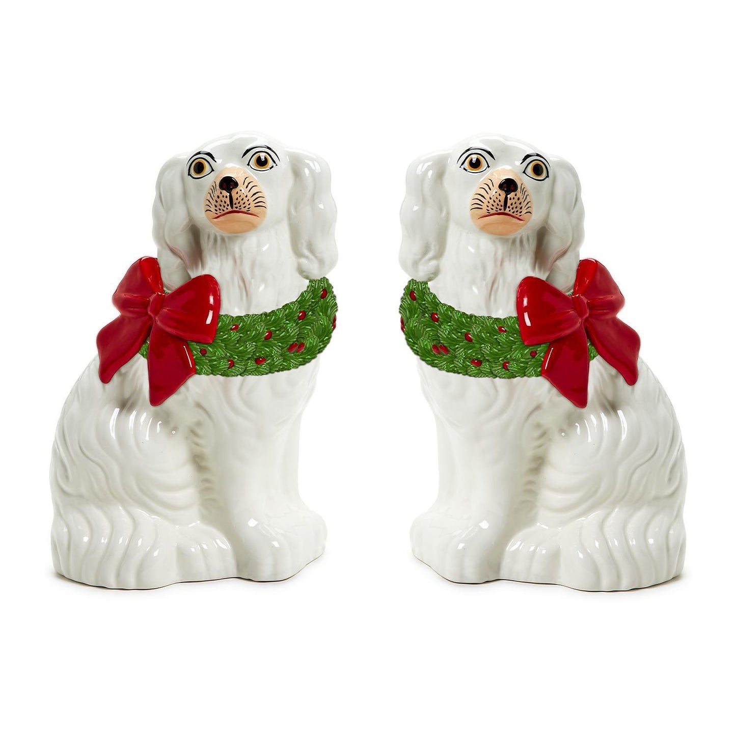 Holiday Hound Staffordshire Dog Statues with Holiday Wreath - Set of 2