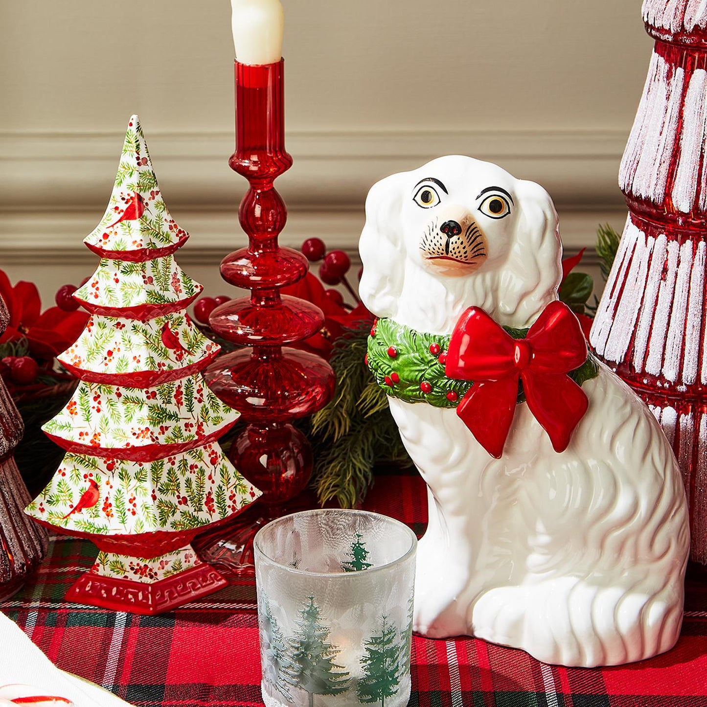 Holiday Hound Staffordshire Dog Statues with Holiday Wreath - Set of 2