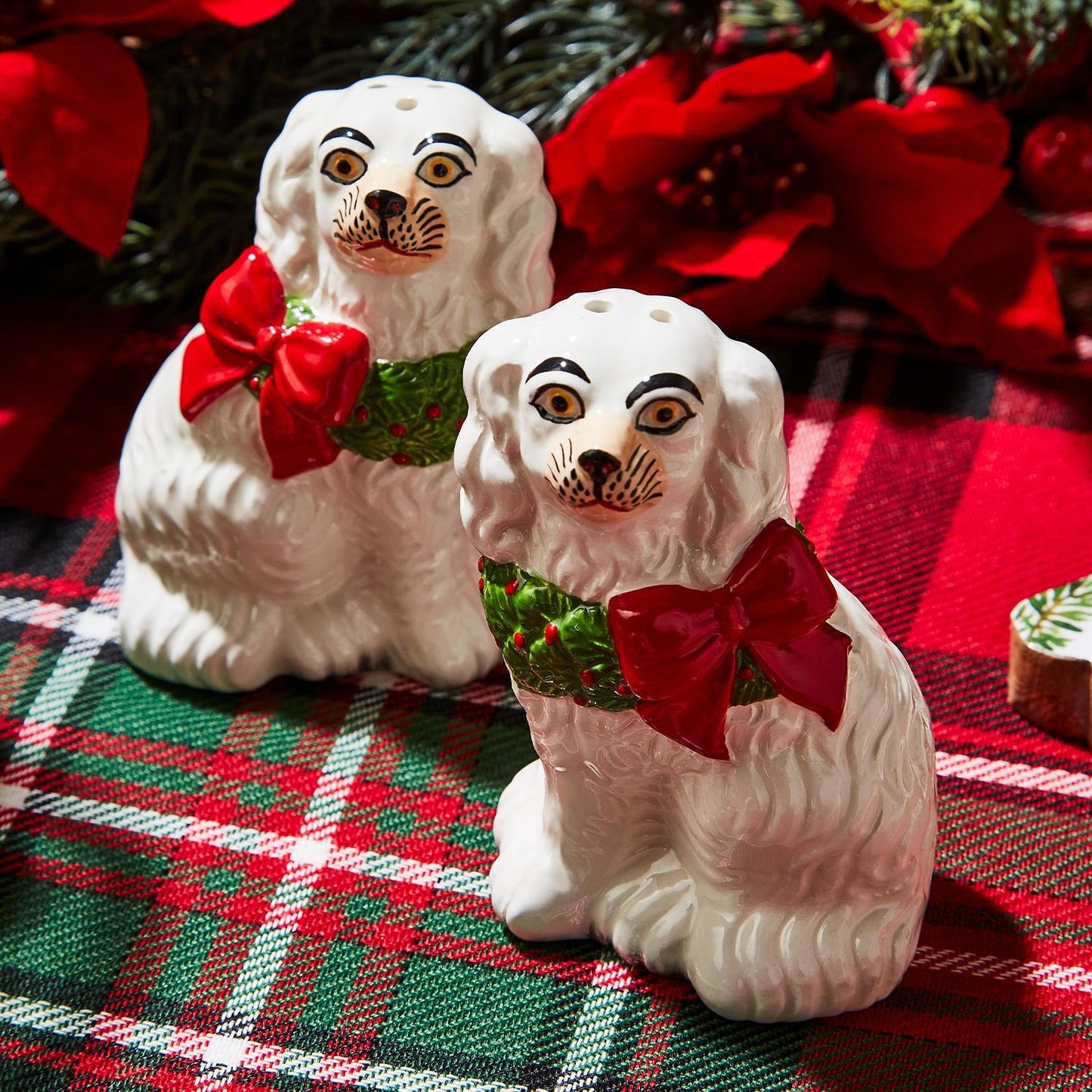 Holiday Hound Staffordshire Dog with Wreath Salt and Pepper Shaker Set