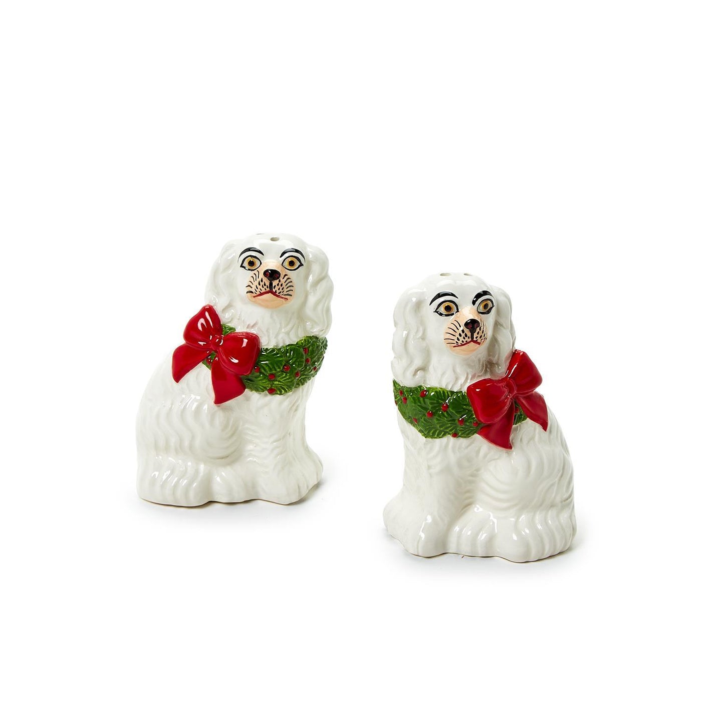 Holiday Hound Staffordshire Dog with Wreath Salt and Pepper Shaker Set