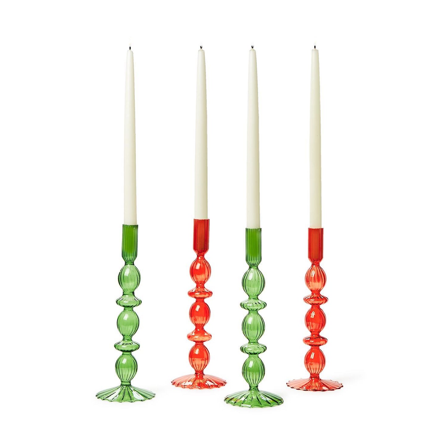 Hand-Blown Glass Candlesticks: set of four, with two green and two red; feature a decorative, bulbous design. Sizes available: Tall/slender for standard candles.