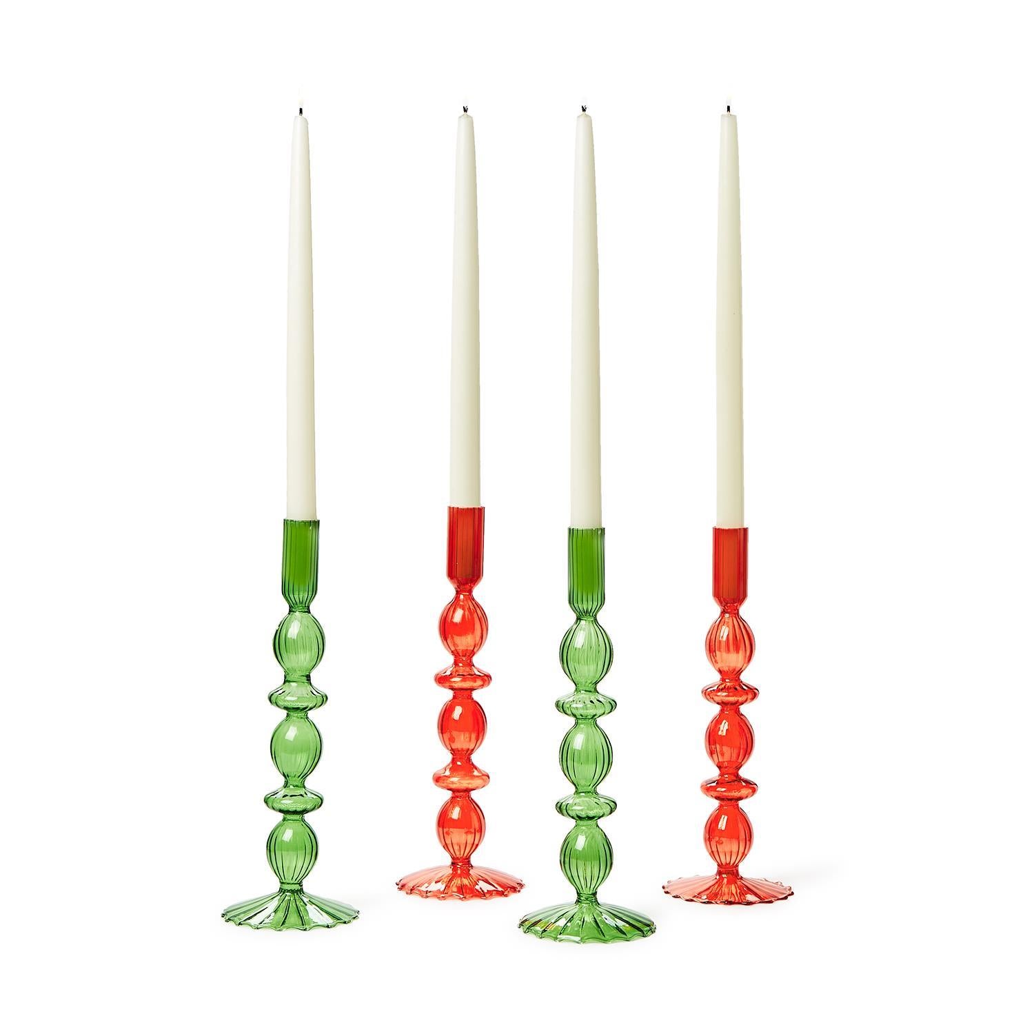 Hand-Blown Glass Candlesticks: set of four, with two green and two red; feature a decorative, bulbous design. Sizes available: Tall/slender for standard candles.