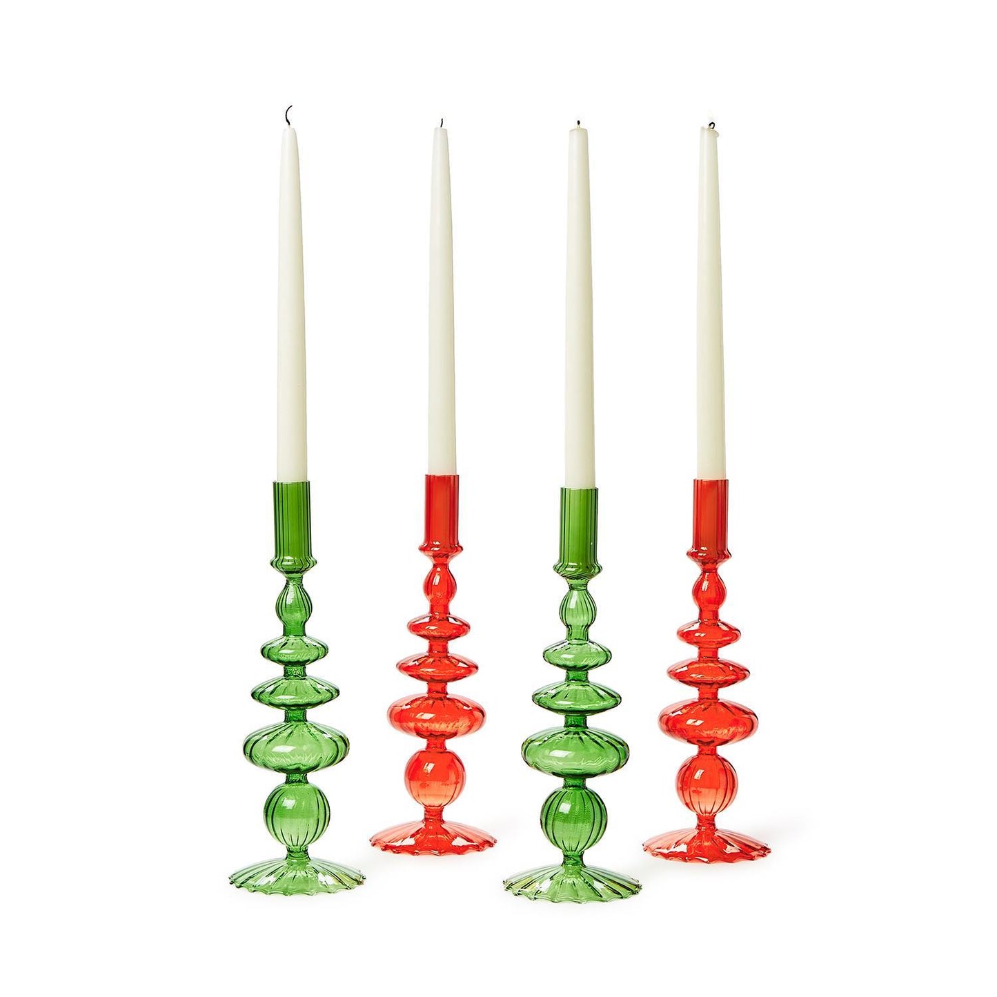 Hand-Blown Glass Candlesticks: Four tall, slender white candles in spiral-shaped holders, two green and two red. Perfect for holiday decor. Sizes available: Standard height for tall candles.