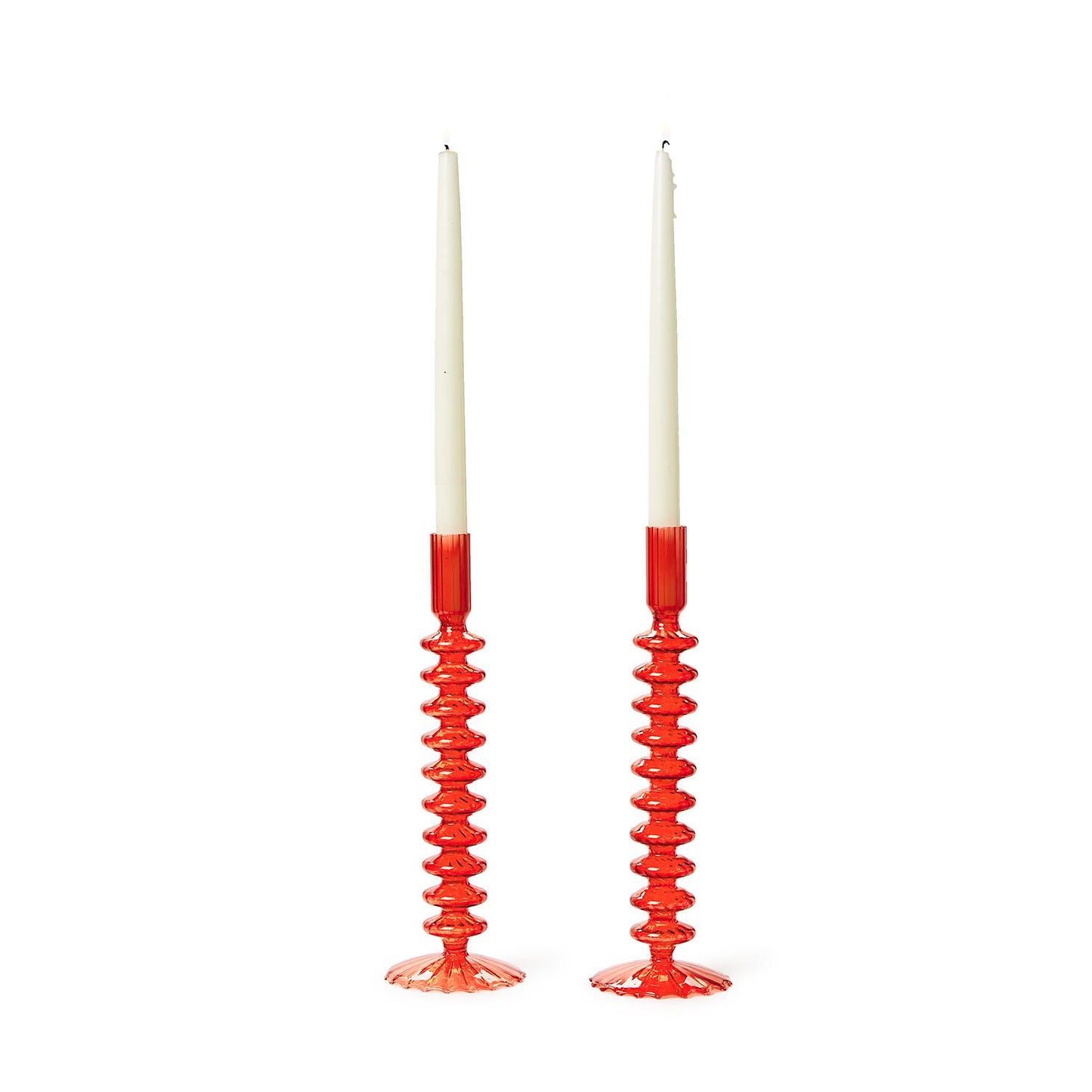 Hand-blown glass candlesticks with ribbed red spiral design. Glossy finish. Sizes available: one size fits all (tall).