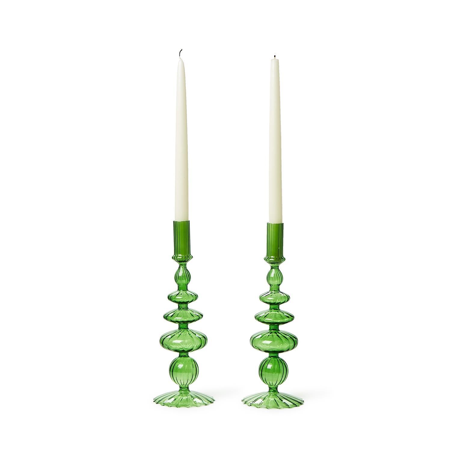 Hand-Blown Glass Candlesticks: Green ornate holders with vertically stacked bulbous shapes. Available sizes: Medium, Large.