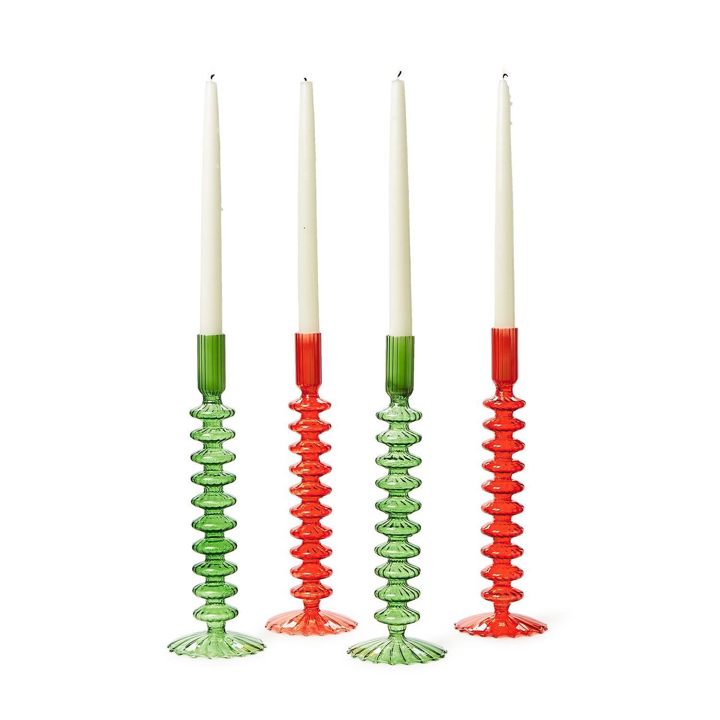 Four tall hand-blown glass candlesticks with a spiral pattern for displaying white tapered candles. The set includes two green and two red candlesticks. Sizes: Tall.