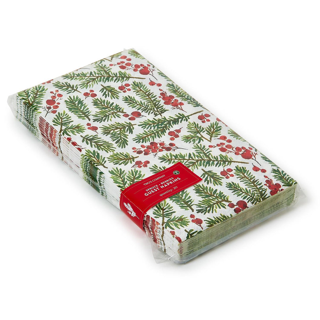 Merry Berry 3-Ply Paper Dinner Napkin/Guest Towel pack with green spruce and red berry pattern, secured with a red paper band.