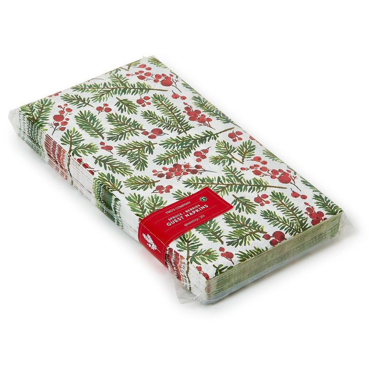 Merry Berry 3-Ply Paper Dinner Napkin/Guest Towel pack with green spruce and red berry pattern, secured with a red paper band.