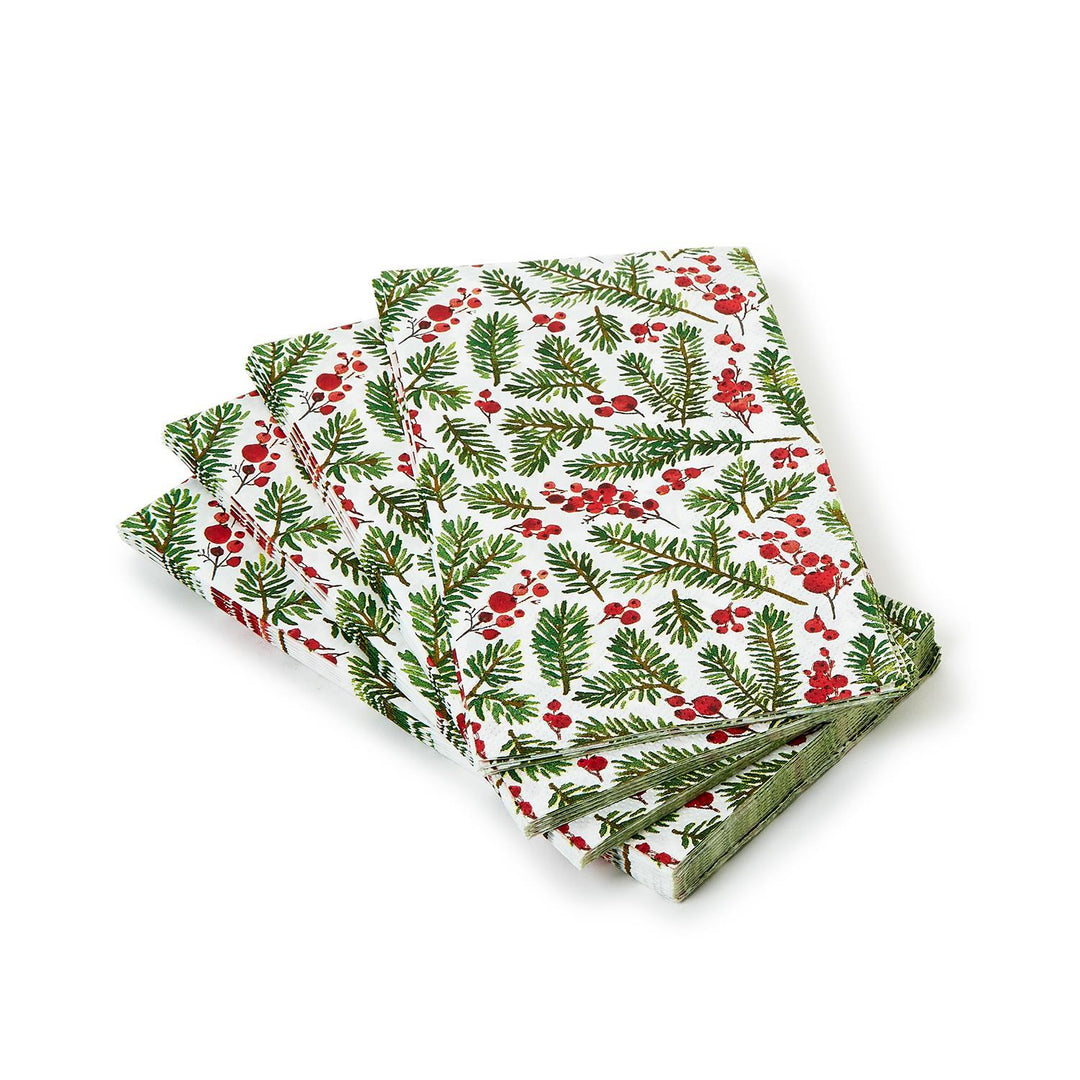 Merry Berry 3-Ply Paper Dinner Napkin/Guest Towels with green pine branches and red berries.