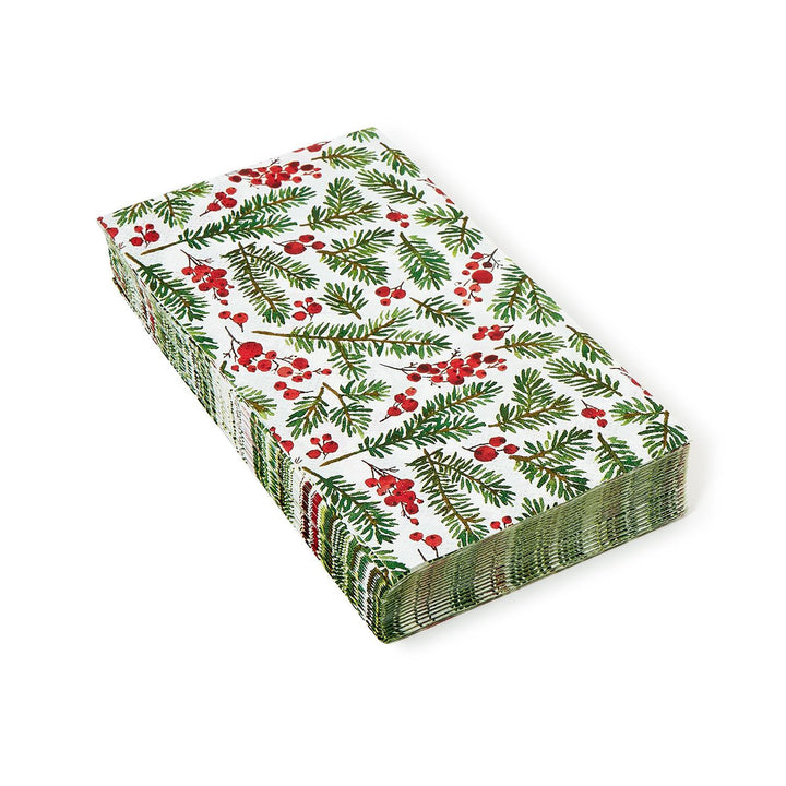 Merry Berry 3-Ply Paper Dinner Napkin/Guest Towel featuring green pine branches and red holly berries. Available in dinner napkin and guest towel sizes.